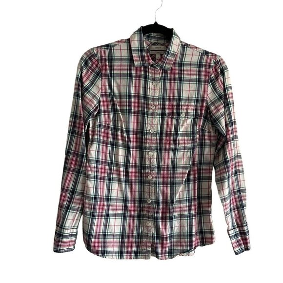 J.Crew Women 00 Mint Strawberry Plaid Cotton Preppy Button Front Boy Shirt - Picture 2 of 11